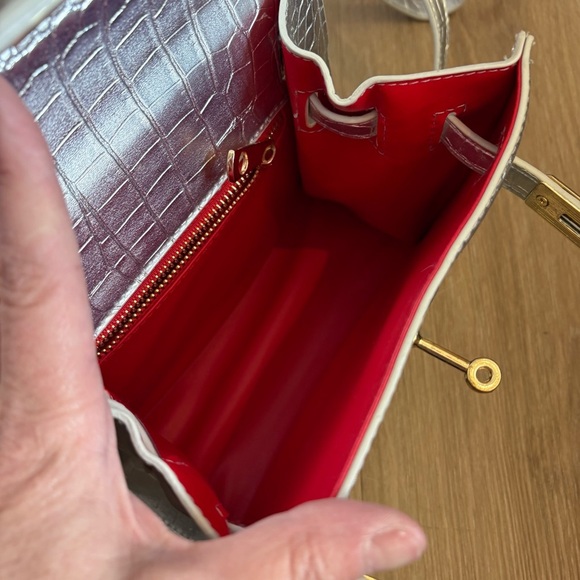 Silver Croc-Embossed Top Handle Novelty Bag with Cartoon Eyes and Gold Hardware - Picture 4 of 6